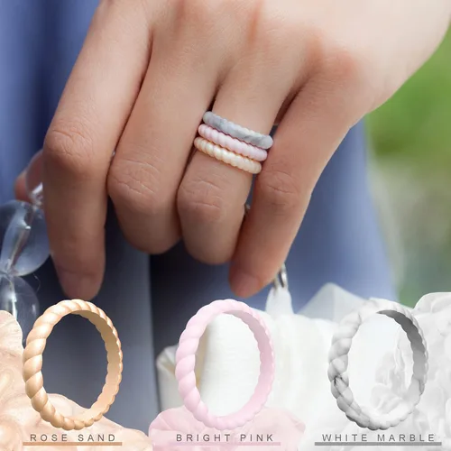 Vista 3 de ThunderFit - Anillo de matrimonio de silicona con diseño trenzado y delgado para mujer