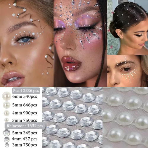 Vista 3 de 4368 piezas de diamantes de imitación transparentes autoadhesivos de cara de perlas blancas, diamantes de imitación transparentes, gemas brillantes