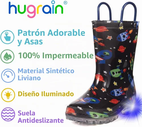 Vista 3 de HugRain - Botas de lluvia con luces para niños pequeños Cosmos Negro