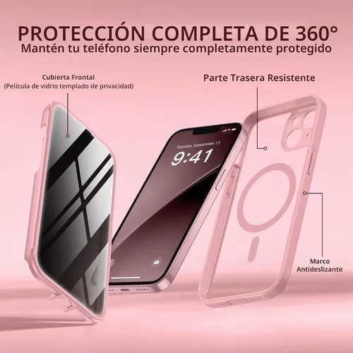 Vista 8 de BERFY Funda para iPhone 13, Compatible con MagSafe, Protector de Pantalla de Privacidad Integrado y Protección de Cámara, Funda Transparente Rosa