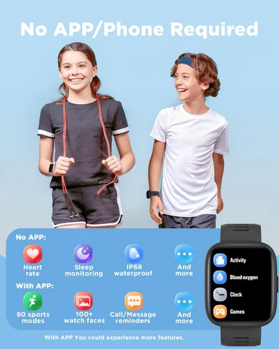 Vista 2 de BIGGERFIVE Reloj inteligente para niños, reloj de seguimiento de actividad física de 1.8", podómetro, frecuencia cardíaca, IP68 resistente al agua