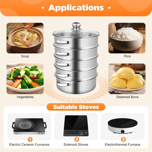 Vista 9 de Vaporizador de acero inoxidable de 5 niveles, olla de vapor apilable de acero inoxidable con tapa de vidrio para cocinar al vapor y cocinar