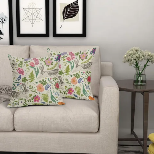Vista 7 de Juego de 2 fundas de almohada de primavera de 16 x 16 pulgadas, diseño de conejo, flores rosas, hojas verdes salvia, plantas botánicas vintage
