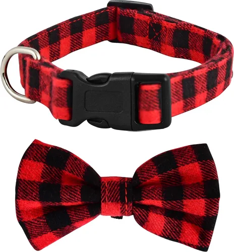 Vista 5 de Native Pup Collar de perro a cuadros, leñador rojo, tartán, azul, rosa, ajustable para perros grandes y pequeños (rojo, mediano)