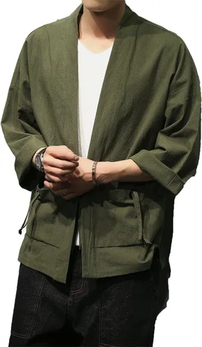 Vista 5 de Chaquetas tipo kimono con bordado de lino y mezcla de algodón para hombre