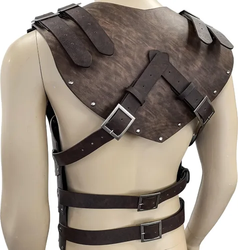 Vista 4 de HiiFeuer Viking - Casco de piel sintética en relieve armadura de pecho con hacha armadura de cuero de caballero medieval retro para LARPCosplay