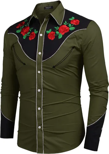 Vista 3 de COOFANDY Camisa de manga larga con botones bordados con diseño de rosas para hombre