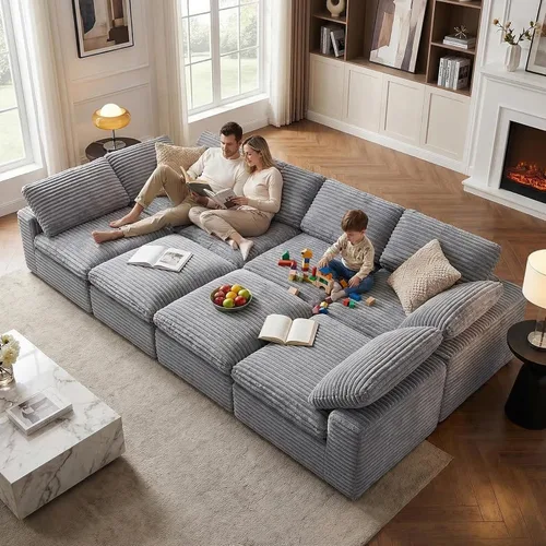 Vista 17 de KKL Sofá modular de 150 pulgadas, sofá modular en forma de U con otomana, sofá de pana sin hueso para sala de estar y dormitorio, sofá modular Negro
