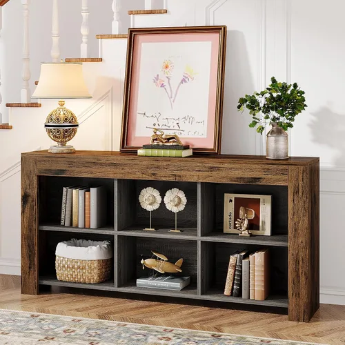 Vista 4 de Tribesigns Mesa consola de 63 pulgadas de largo, mesa de entrada de madera rústica con 6 cubos de almacenamiento, mesa de sofá industrial estrecha