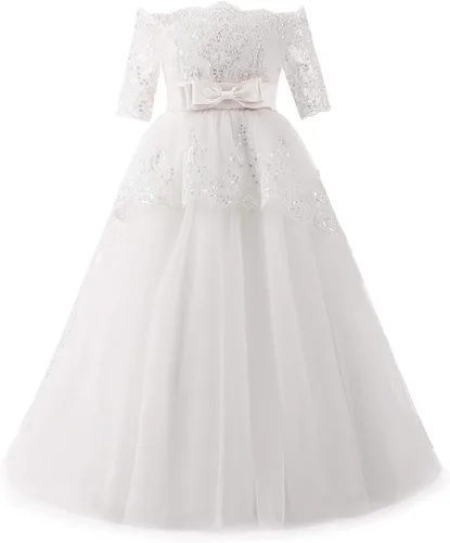 Vista 4 de Elegante vestido de primera comunión con cuentas de encaje para niña de flores de 2 a 12 años MARFIL (ALL IVORY)