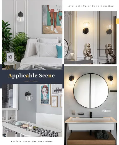 Vista 7 de EAPUDUN WLA1433-MBK - Lámpara de baño de 1 luz negra mate sobre espejo, luces de tocador con 1 globo de vidrio transparente, apliques de pared