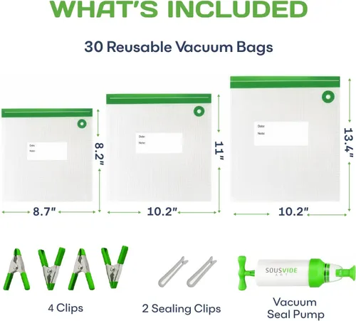 Vista 3 de SOUSVIDE ART 37 bolsas reutilizables de sellado al vacío con sellador al vacío, 30 bolsas de cocina y almacenamiento de 3 tamaños con bomba