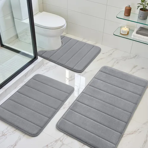 Vista 13 de BYSURE Juego de 3 tapetes de baño de espuma viscoelástica color beige, antideslizantes, extra suaves, absorbentes, lavables a máquina y secos