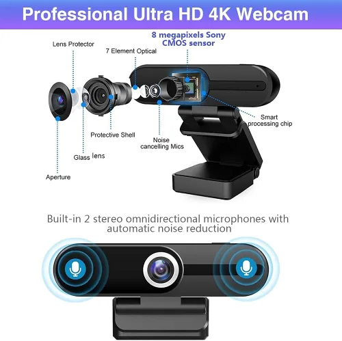 Vista 3 de GoHZQ Cámara web 4K con micrófono y cubierta de privacidad, cámara USB Ultra HD de 8 MP para computadora/portátil/Switch 2, videollamadas Pro