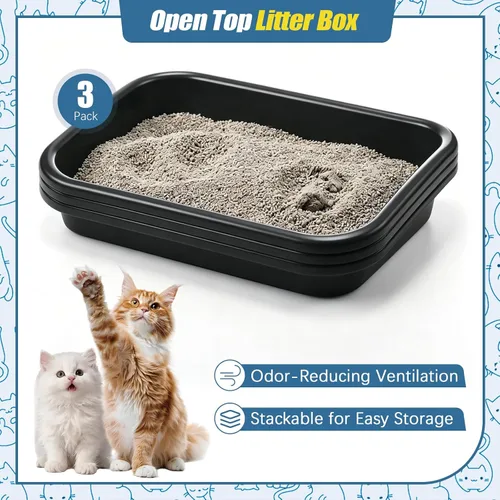 Vista 3 de Uiifan 3 cajas de arena extra grandes para gatos de entrada baja para gatos mayores, caja de arena abierta para gatos mayores, discapacitados, gatos