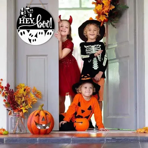 Vista 5 de Letrero de Puerta de Halloween Decoración de Fantasma - Hey Boo Decoración de Pared Espeluznante - Decoraciones Colgantes de Puerta Delantera