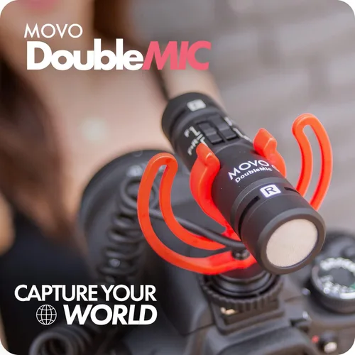 Vista 2 de Movo DoubleMic V2 Micrófono de escopeta de dos caras para vlogging de cámara - Micrófono externo de doble cápsula para iPhone, Android, teléfonos
