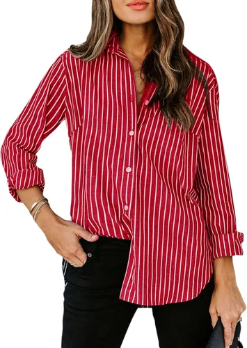 Vista 11 de Siliteelon - Camisas de botones para mujer, camisa de vestir a rayas de algodón, de manga larga, cuello con solapa, para oficina y trabajo