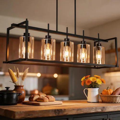Vista 22 de Iluminación de isla de cocina de 4 luces, lámpara cromada para comedor, luz de isla para colgar sobre la mesa para candelabros lineales de granja