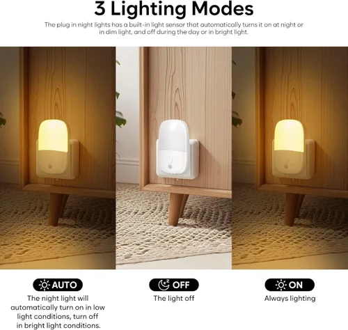 Vista 5 de Luz nocturna LED enchufable, paquete de 2 luces nocturnas regulables con sensor de atardecer a amanecer y enchufe retráctil y 3 brillo ajustable