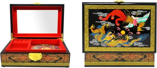 Vista 4 de Fengshuibringluck Joyero tradicional con diseño de dragón y fénix, organizador de joyas de madera, regalo para el Día de la Madre, soporte pequeño