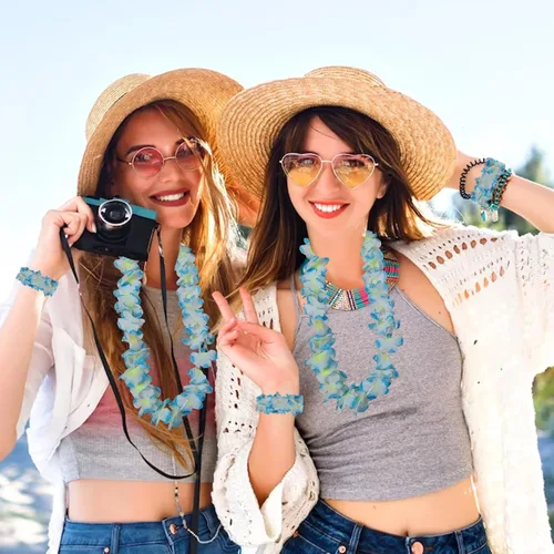 Vista 6 de 48 piezas de Leis hawaianos gruesos a granel, revelación de género Leis Blue Jumbo 12 diademas 24 pulseras, 12 collares florales para fiesta Luau