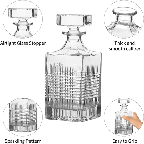 Vista 3 de Decantador de vidrio de 25 onzas con tapón geométrico hermético, decantador de whisky para vino, bourbon, brandy, licor, jugo, agua, enjuague bucal