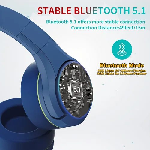 Vista 9 de Riwbox CF9 - Auriculares Bluetooth para niños con luz LED, límite de volumen seguro de 85 dB, micrófono integrado y micrófono Boom para llamadas