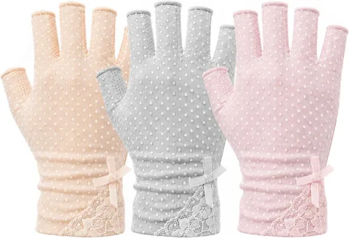 Vista 8 de Guantes de protección solar para mujer, sin dedos, guantes de conducción de algodón ligero UV Polka Dots