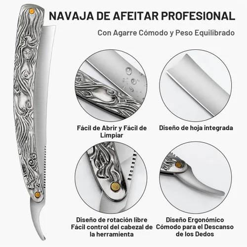 Vista 4 de Maquinilla de afeitar recta profesional con primera capa de piel de vacuno – Maquinilla de afeitar de peluquería de borde recto de acero inoxidable