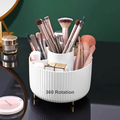 Vista 13 de Organizador de brochas de maquillaje giratorio de 360 grados, diseño desmontable, 5 ranuras, para cosméticos y lápices, organizador para escritorio