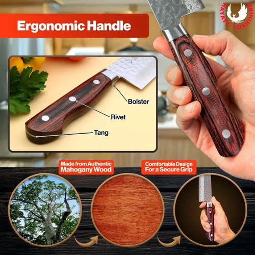 Vista 4 de Yoshihiro VG10 Cuchillo de chef japonés Gyuto de Damasco martillado de 16 capas (7'' (180mm))
