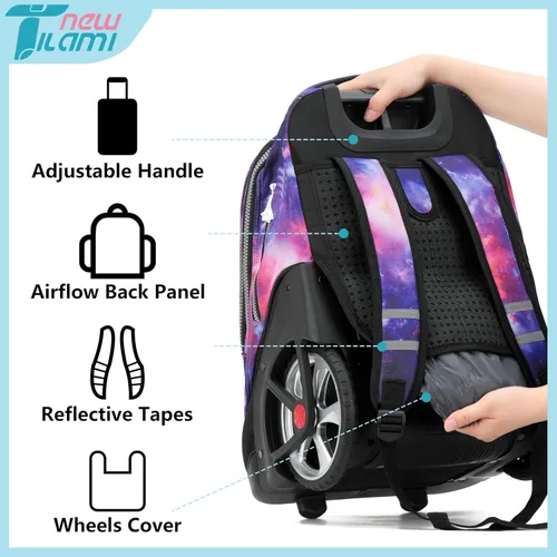Vista 77 de NEW TILAMI Mochila con ruedas de 19 pulgadas con bolsa de almuerzo para niñas y niños, mochila para laptop con ruedas, bolsa de mano duradera