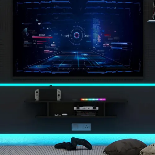 Vista 8 de GHC Soporte de TV flotante, centro de entretenimiento montado en la pared y estante de gabinete, consola de TV con almacenamiento, consola