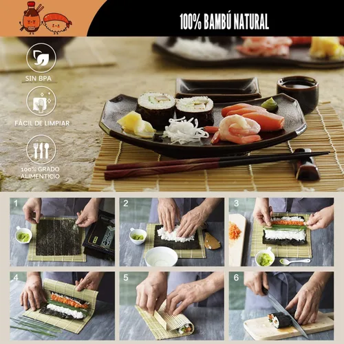 Vista 4 de Kit de fabricación de sushi SmileTools, juego de 22 piezas para principiantes con libro guía, bazuca, cuchillo, estera, cortador de aguacate