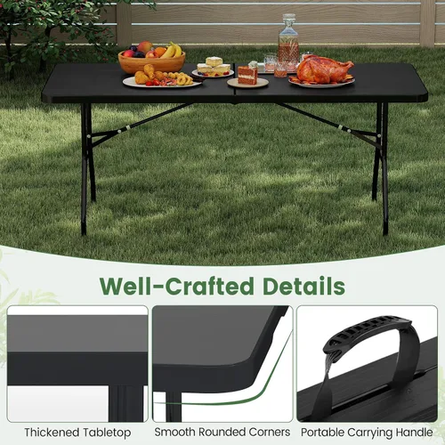 Vista 6 de GYMAX Mesa plegable de 6 pies, mesa de campamento portátil ligera con asa de transporte, fácil de plegar rectangular para interiores y exteriores