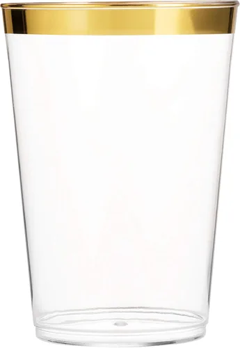 Vista 2 de Munfix 100 vasos de plástico dorados de 14 onzas, vasos transparentes con borde dorado, elegantes vasos desechables para boda, fiesta, con borde