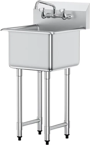 Vista 9 de VEVOR Fregadero de acero inoxidable para preparación y utilidad, fregadero pequeño de pie con 1 compartimento, incluye grifo y patas, fregaderos