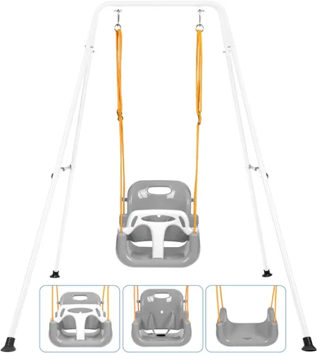 Vista 11 de Juego de columpios 3 en 1 para niños pequeños, juego de columpios para bebés con soporte plegable de metal para jugar al aire libre/interior, diseño