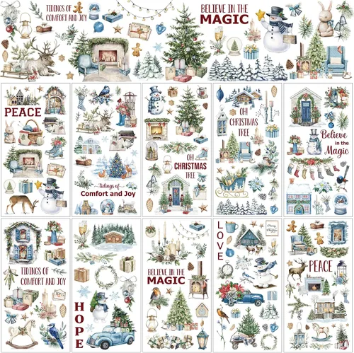 Vista 17 de Lincia - 10 hojas de calcomanías navideñas para manualidades y muebles, calcomanías de transferencia por fricción, muñeco de nieve, gnomo, reno