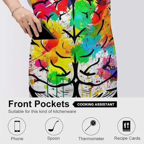 Vista 5 de MUSM Apron for Adults - 27.6 X 31.5 Inch, Heavy-Duty Polyester Aprons with Two Large Pockets, Waterproof Hand Drawn Brain Kitchen Apron for Cooking