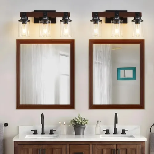 Vista 6 de Lámpara de tocador de madera de granja para baño, 3 luces de baño sobre espejo, apliques de pared rústicos con pantalla de metal para baño