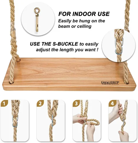 Vista 5 de Columpio de madera colgante, columpio de árbol de 24 x 8 x 1.2 pulgadas para adultos y niños, cuerda de nailon gruesa ajustable y correas de árbol