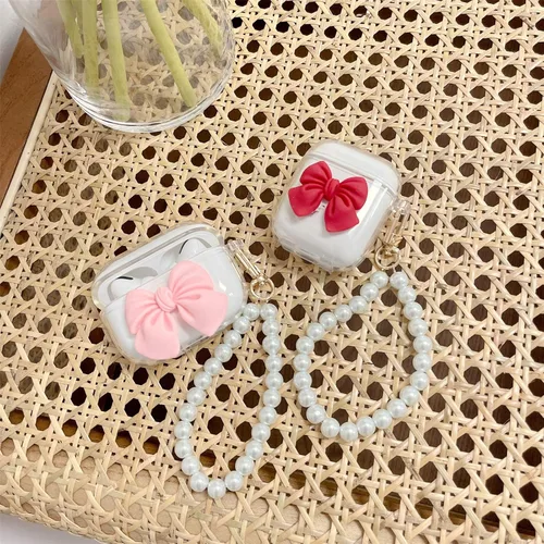 Vista 3 de Funda transparente compatible con AirPods 1 y 2, hermoso diseño de lazo colorido con pulsera de perlas de lujo, ultrafina, funda protectora de RosaA