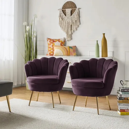 Vista 14 de HULALA HOME Silla decorativa moderna de terciopelo con respaldo en forma de concha, bonito sillón para sala de estar, dormitorio con patas doradas