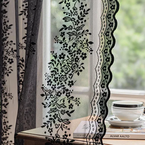Vista 7 de Cortinas de encaje transparente negro floral de 84 pulgadas de largo, 2