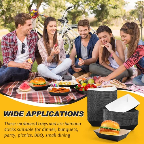 Vista 5 de 300 bandejas desechables de papel negro para nachos, barcos de papel kraft desechables de 2 libras para comida rápida, tacos, concesión, papas