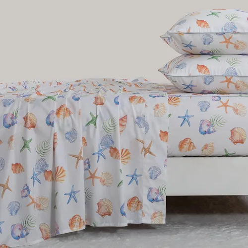 Vista 14 de FADFAY Juego de sábanas Queen con temática de playa, 100% algodón, ropa de cama costera súper suave, ropa de cama náutica de conchas marinas y Aqua