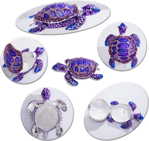 Vista 7 de YU FENG Caja de joyería de figura de tortuga marina con bisagras coleccionables de cristal con bisutería decorativa de tortuga de animales (morado)