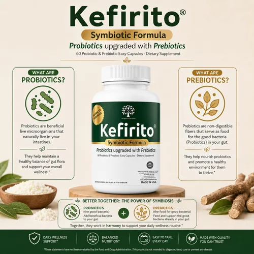 Vista 11 de Kefirito Daily Symbiotic Formula – Suplemento diario probiótico + prebiótico, 60 cápsulas – Absorción equilibrada de nutrientes y apoyo de comodidad